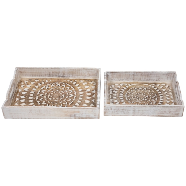 Brushed White Mandala Carved Trays, Set of 2