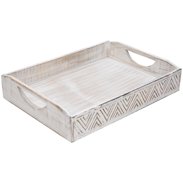 Brushed White Chevron Carved Trays, Set of 2