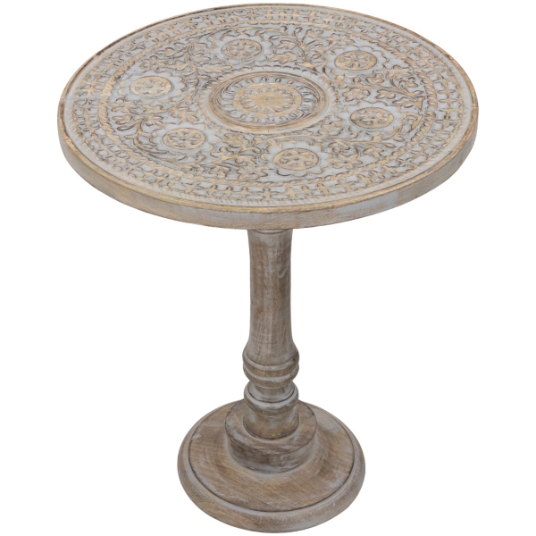 Round Antique Gray Etched Pedestal Accent Table