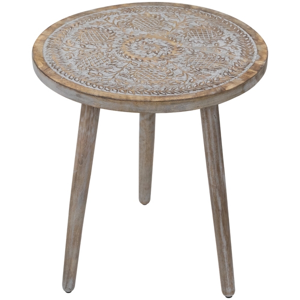 Round Antique Gray Engraved Accent Table