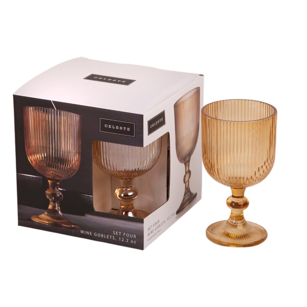 Amber Ribbed Goblet Wine Glasses, Set of 4
