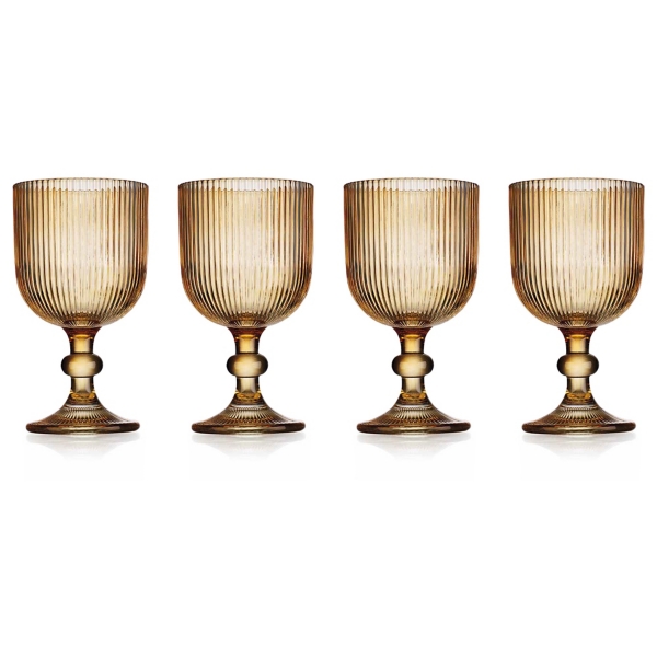 Amber Ribbed Goblet Wine Glasses, Set of 4