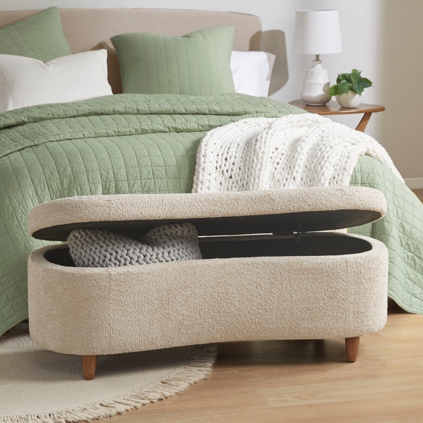 Cream Boucle Flip-Top Storage Bench