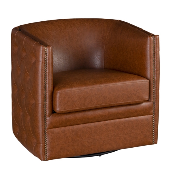 Leather Swivel Barrel Chairs Brown Tufted Faux Leather Barrel