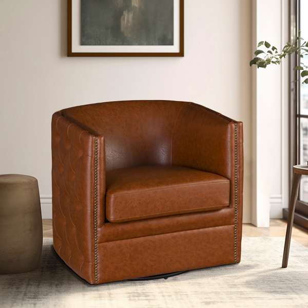 Brown Tufted Faux Leather Barrel Swivel Chair