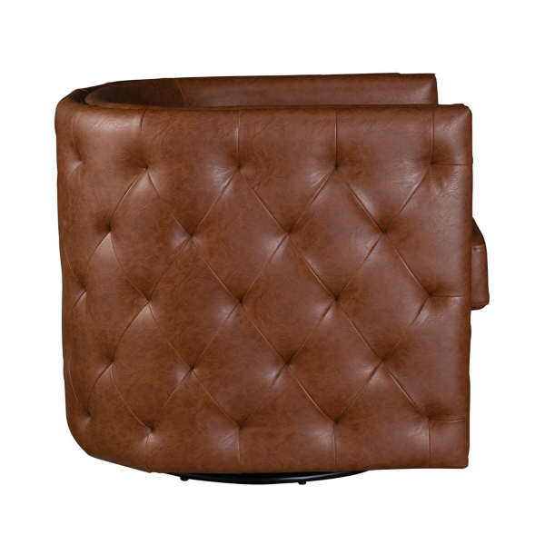Brown Tufted Faux Leather Barrel Swivel Chair
