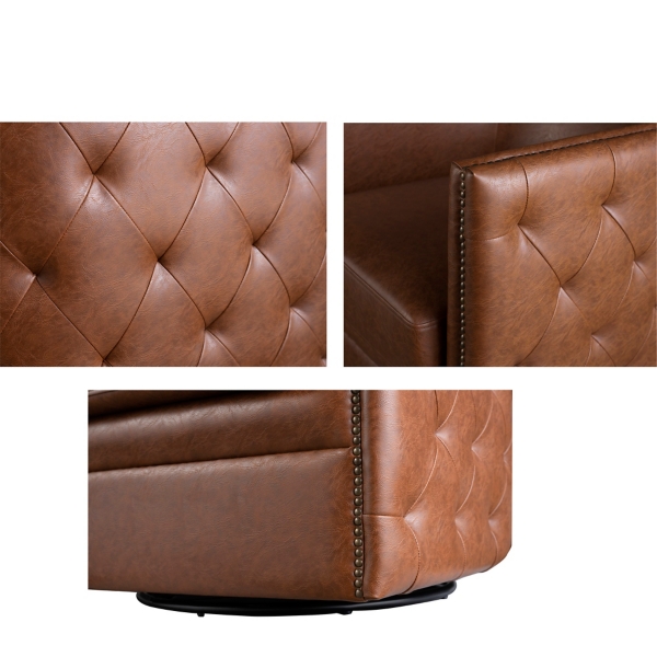 Brown Tufted Faux Leather Barrel Swivel Chair