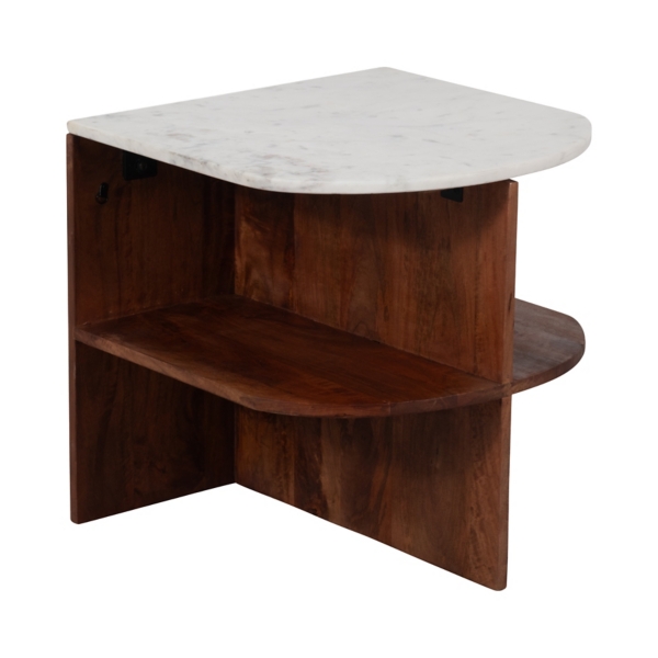 Brown Wood Half Round Marble Accent Table