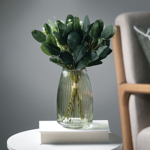Green Round Ribbed Glass Vase