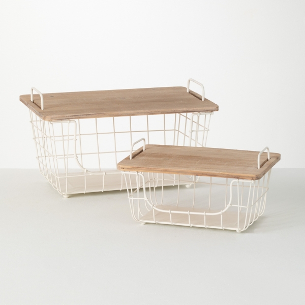 White Metal Wire Kitchen Baskets, Set of 2