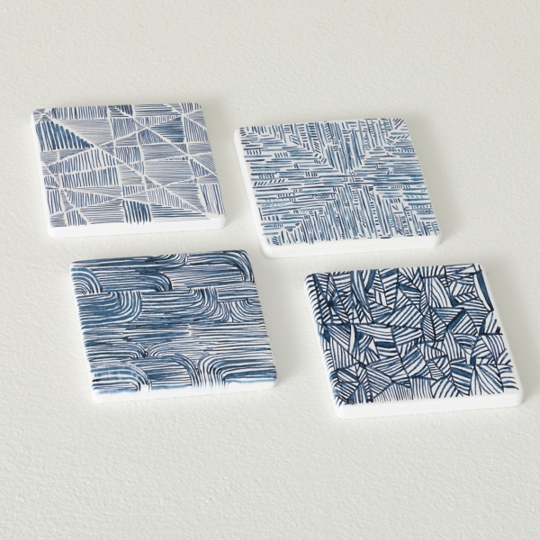 Square Blue Patterned Coasters, Set of 4