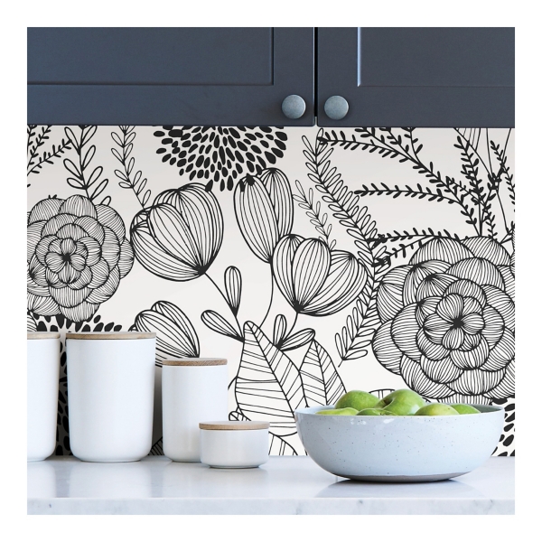 Black & White Floral Garden Peel & Stick Wallpaper