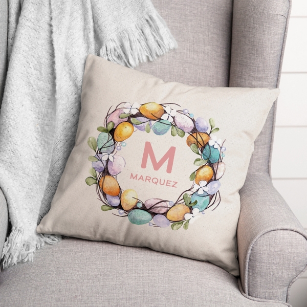 Personalized Monogram Egg Wreath Pillow
