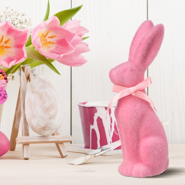 Light Pink Flocked Terracotta Bunny Statue