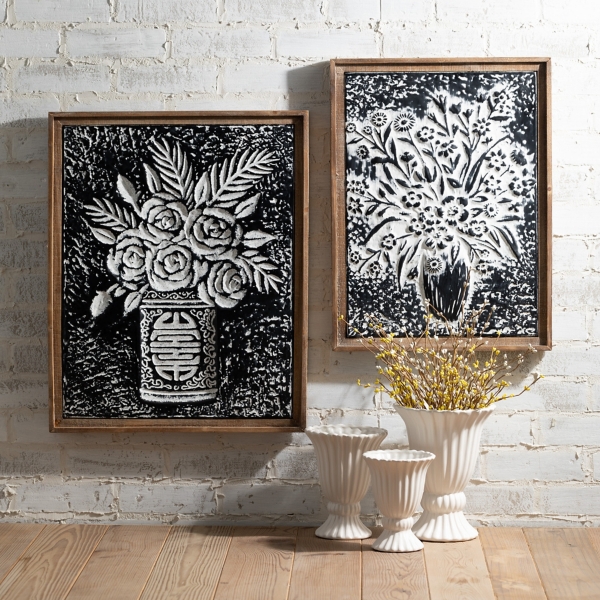 Black and White Hammered Metal Floral Wall Plaque