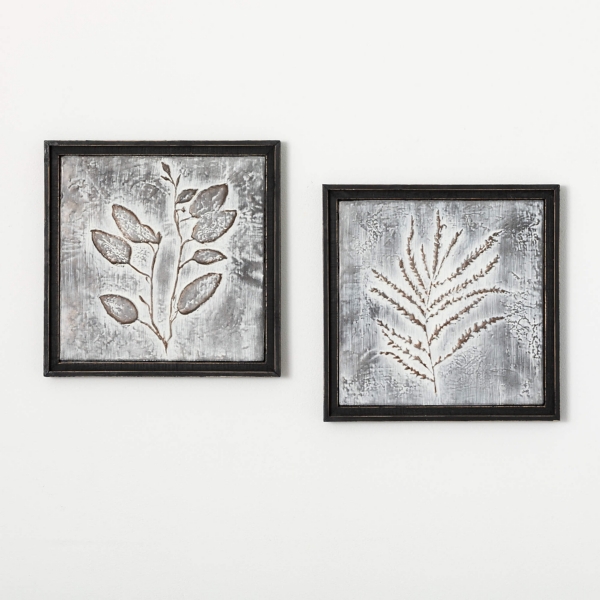 Gray Metal Raised Leaf Wall Plaques, Set of 2