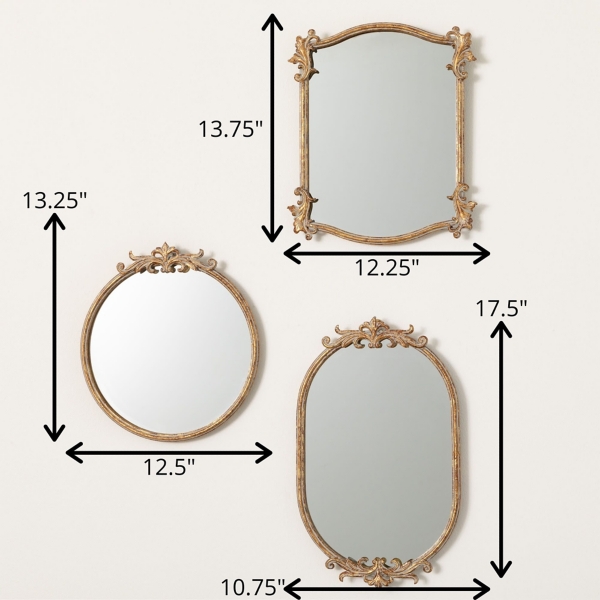 Gold Ornate Heirloom Wall Mirrors, Set of 3