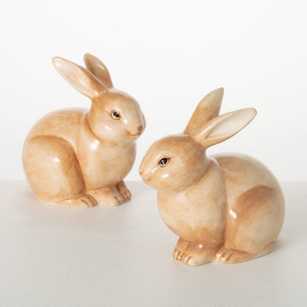 Brown Ceramic Sitting Bunny Figurines, Set of 2
