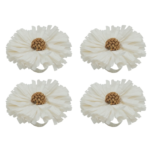 White Raffia Flower Napkin Rings, Set of 4