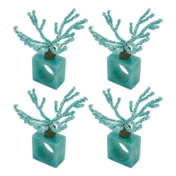 Teal Beaded Coral Napkin Rings, Set of 4