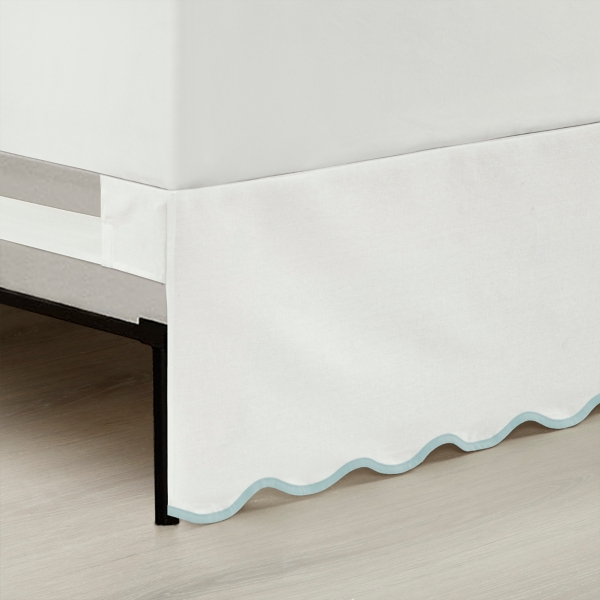 White Blue Scalloped Coastal Queen Bed Skirt
