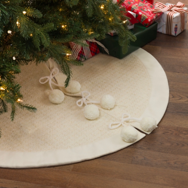 Cream Metallic Pom Pom Christmas Tree Skirt