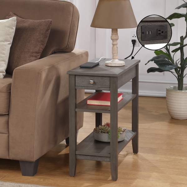 Gray 2-Shelf Charging Accent Table
