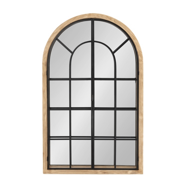 Natural Wood and Metal Arch Windowpane Wall Mirror