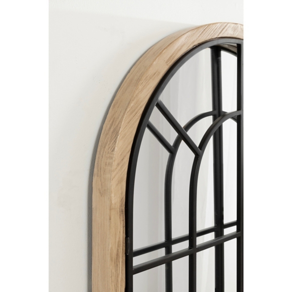Natural Wood and Metal Arch Windowpane Wall Mirror