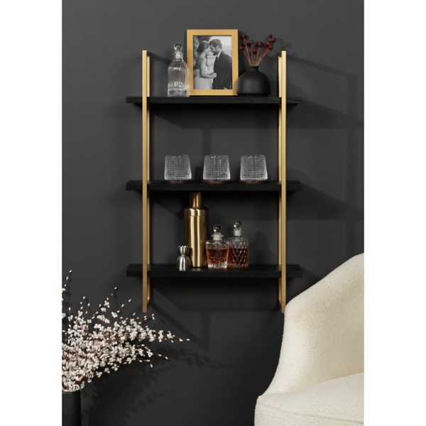 Black Wood and Gold Metal Leigh Wall Shelf