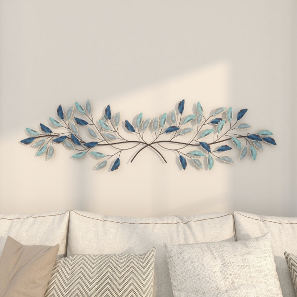 Blue and Gold Leaves Metal Wall Plaque