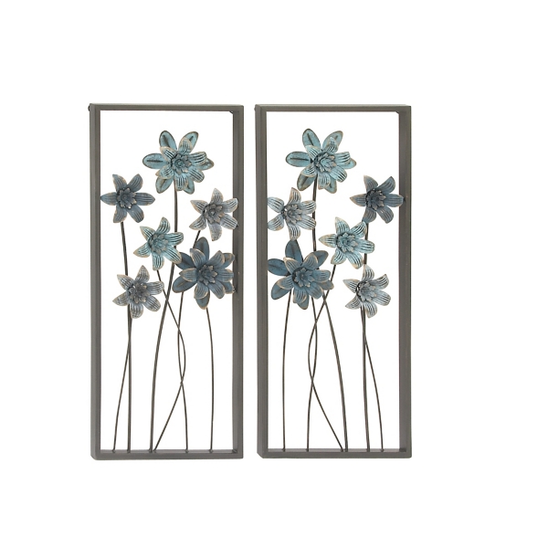 Blue Metal Floral Panel Wall Plaques, Set of 2