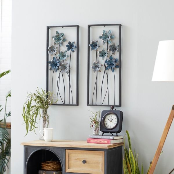 Blue Metal Floral Panel Wall Plaques, Set of 2