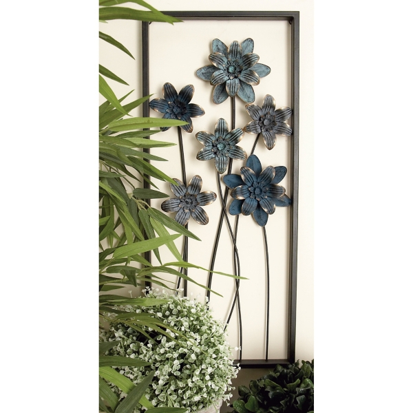 Blue Metal Floral Panel Wall Plaques, Set of 2