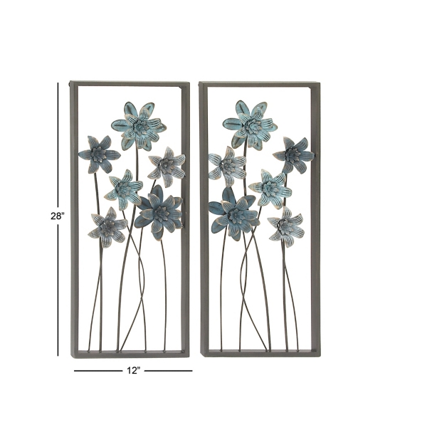 Blue Metal Floral Panel Wall Plaques, Set of 2