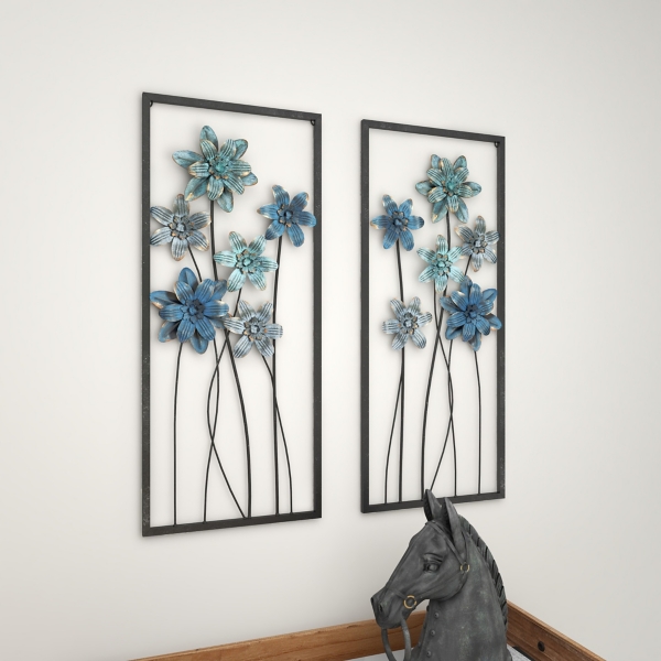 Blue Metal Floral Panel Wall Plaques, Set of 2