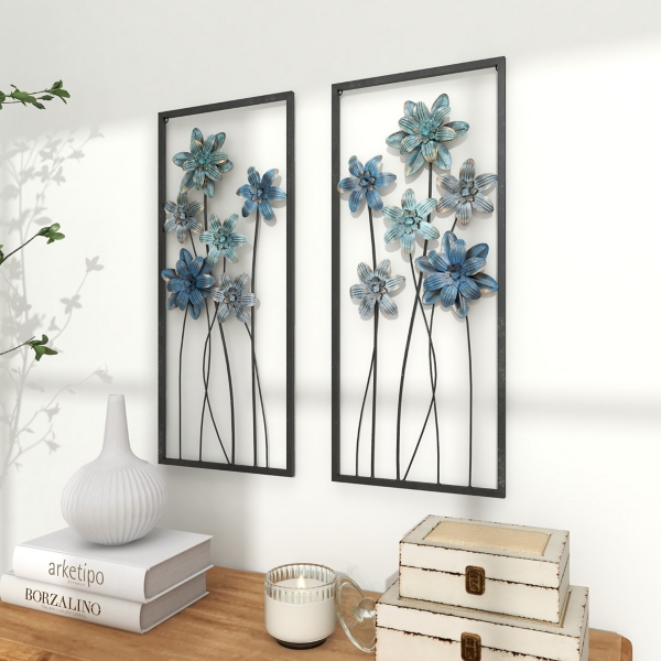 Blue Metal Floral Panel Wall Plaques, Set of 2
