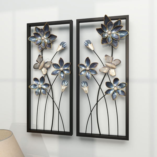Blue Floral and Butterfly Wall Plaques, Set of 2