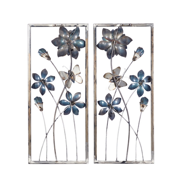 Blue Floral and Butterfly Wall Plaques, Set of 2