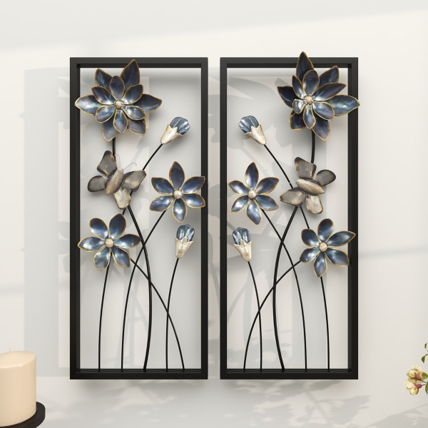 Blue Floral and Butterfly Wall Plaques, Set of 2