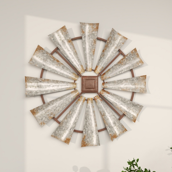 Silver Metal Windmill Wall Plaque