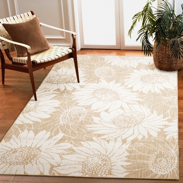 Sand Floral Blooms Outdoor Area Rug