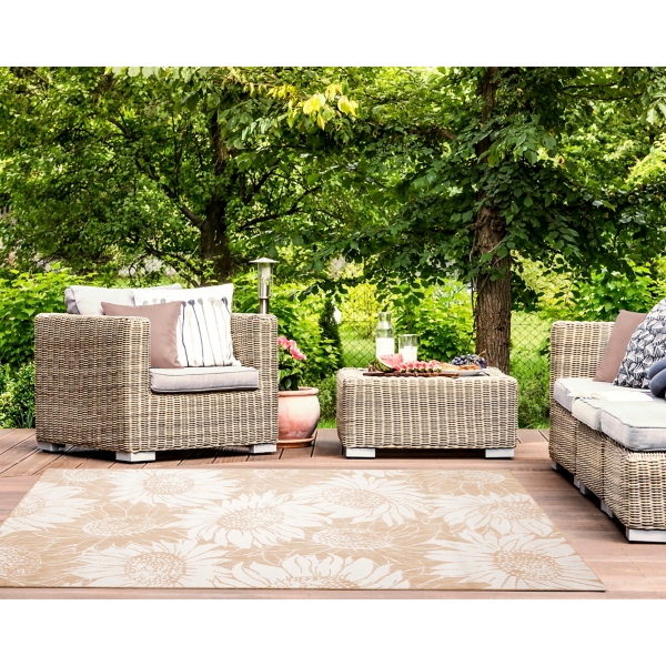 Sand Floral Blooms Outdoor Area Rug, 7x9