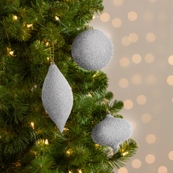 Silver Luxe Glitter Beaded Ornaments, Set of 3