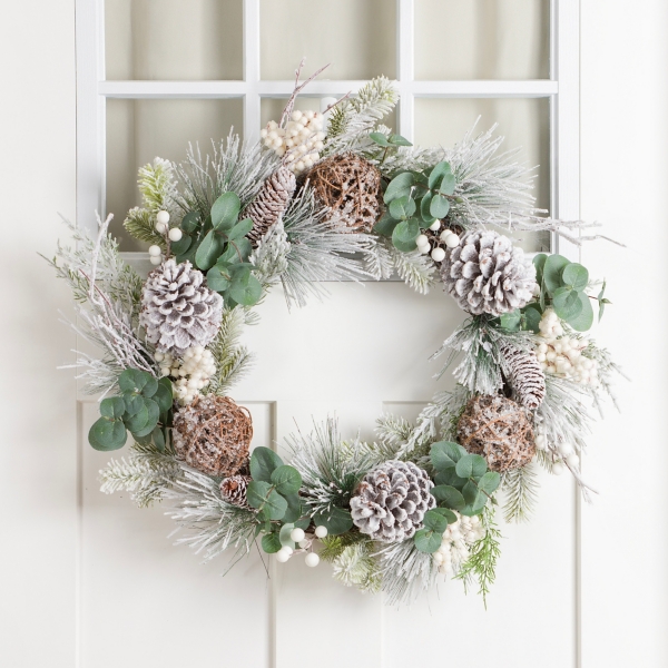 Flocked Eucalyptus and Berry Christmas Wreath