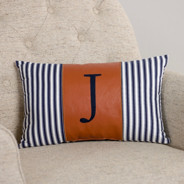 Navy Striped Monogram J Lumbar Pillow