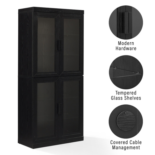 Tall Black Wood and Glass Door Storage Cabinet