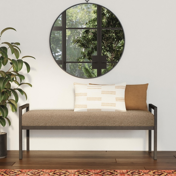 Brown Boucle Upholstered Metal Frame Bench