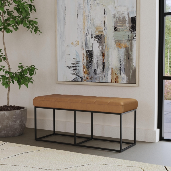 Caramel Faux Leather Upholstered Metal Frame Bench