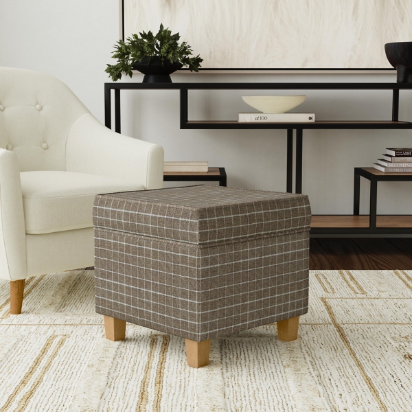 Brown Plaid Upholstered Square Storage Ottoman